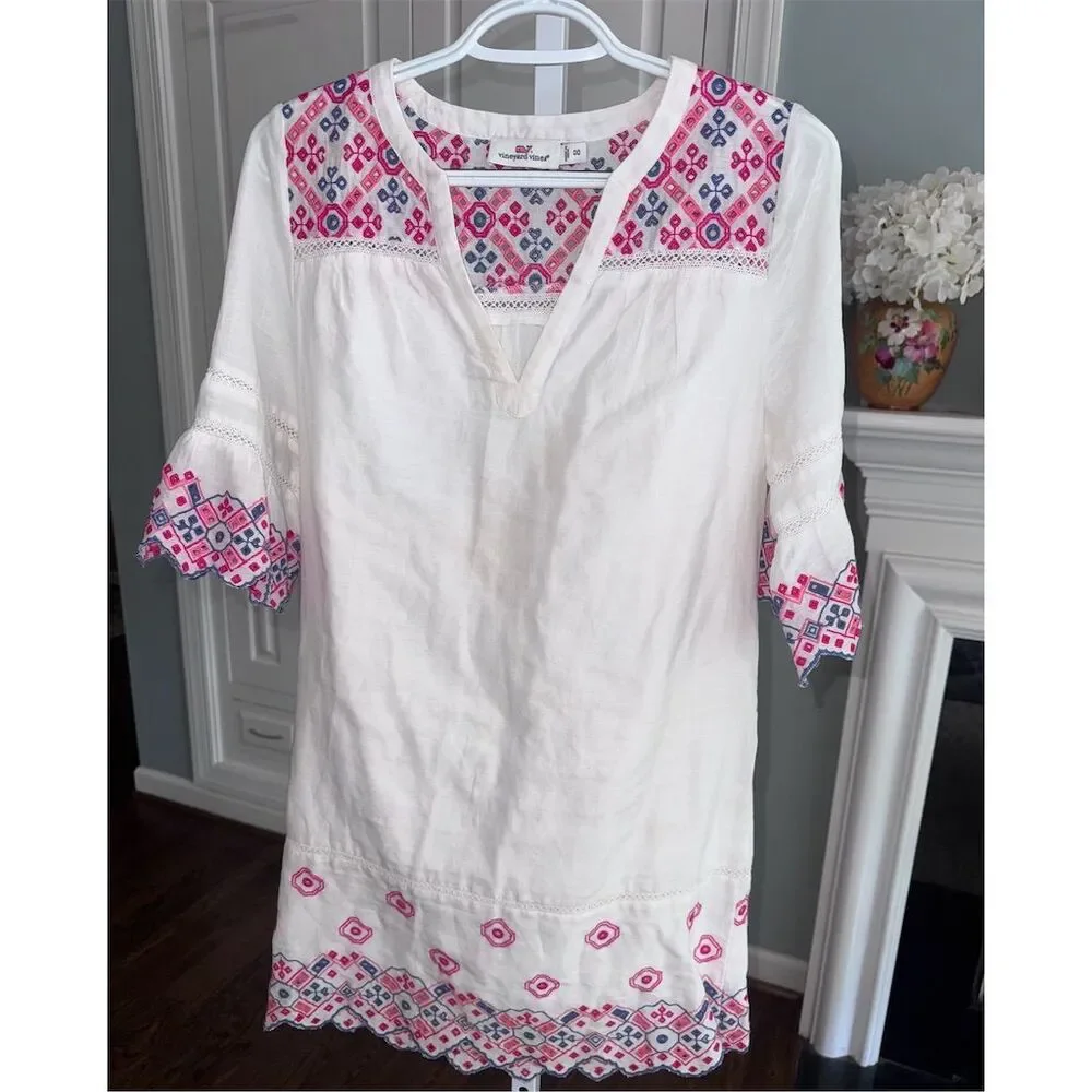 Vineyard Vines‎ Women's Embroidered Eyelet Shift Dress White Size 00 Boho Preppy